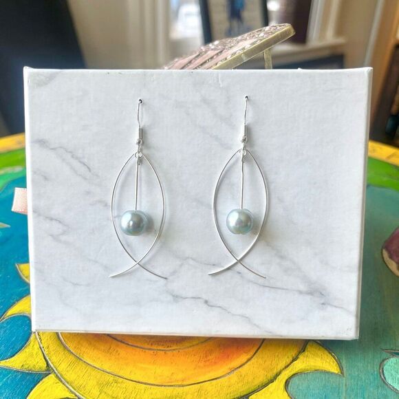 Silver Fish Earrings with Hanging Icy Blue Faux Pearl Bead - Picture 2 of 3
